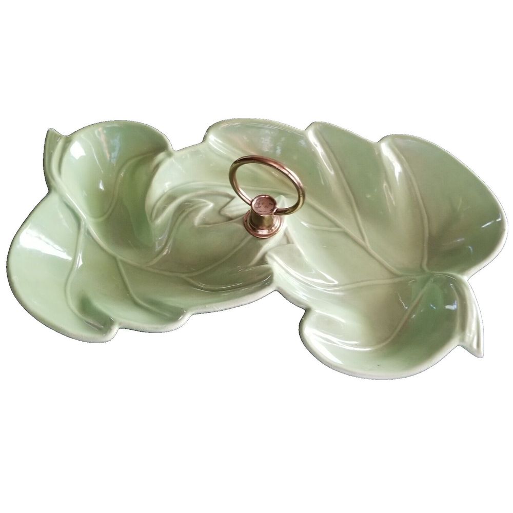 Vintage USA Pottery Green Leaf Shape Dish Nuts Candy Platter No 100 Metal Handle